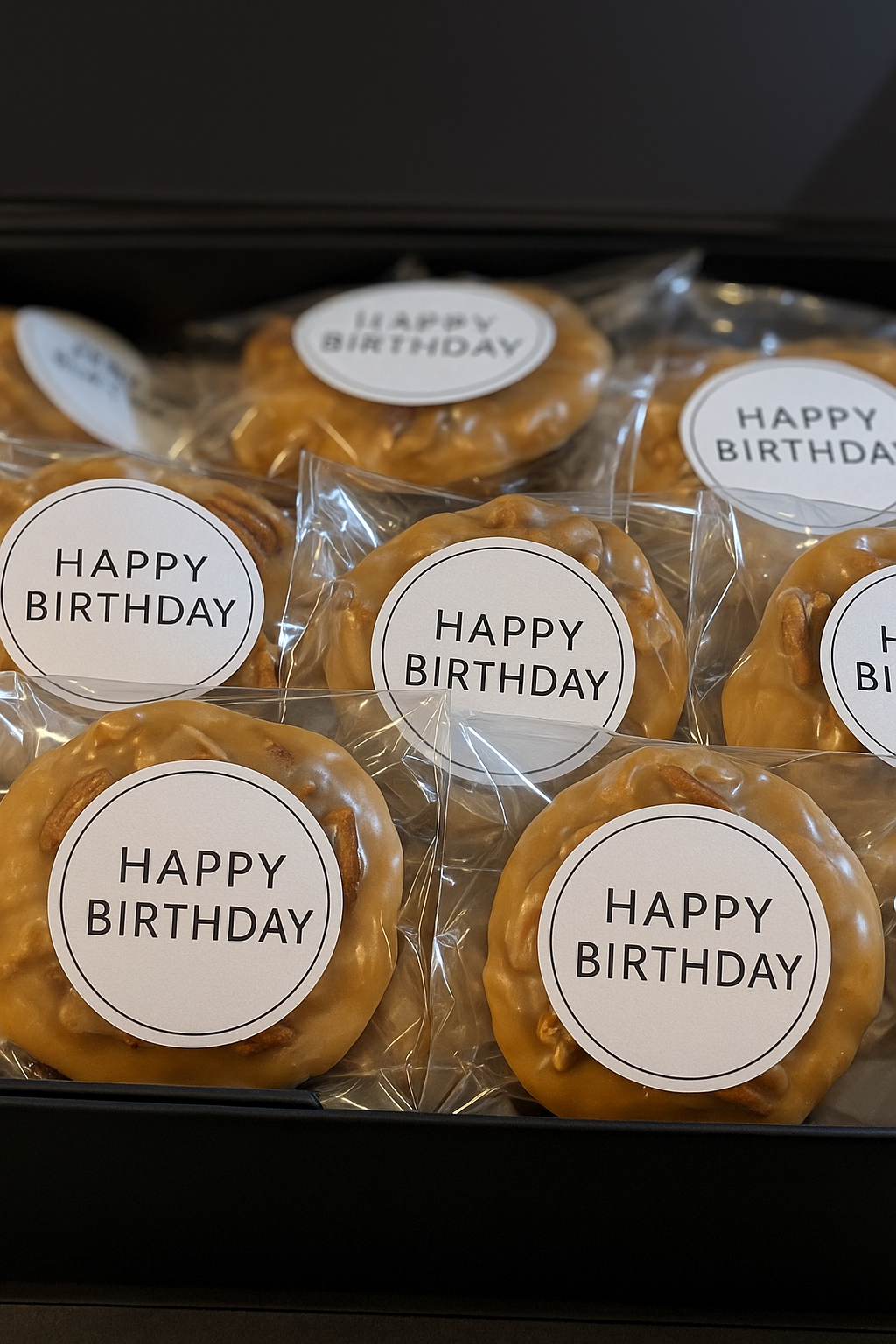 Packaged pralines with 'Happy Birthday' labels on a black background